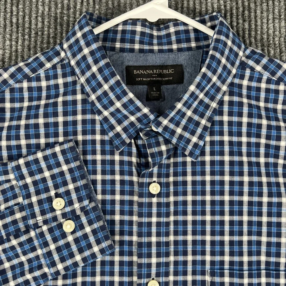 Banana Republic Shirt Mens Large Blue Plaid Long Sleeve Button Up Slim Fit